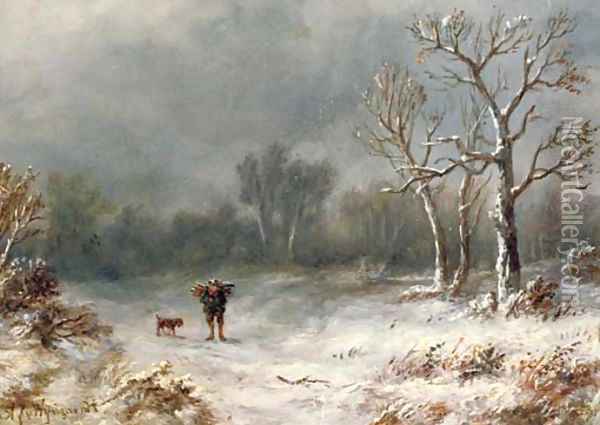 A villager and his dog in a winter landscape Oil Painting - Anthonie Jacobus van Wyngaerdt