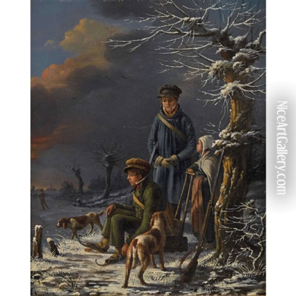 Winterlandschaft Mit Kindern Am Zugefrorenen Fluss Oil Painting - Henri Voordecker
