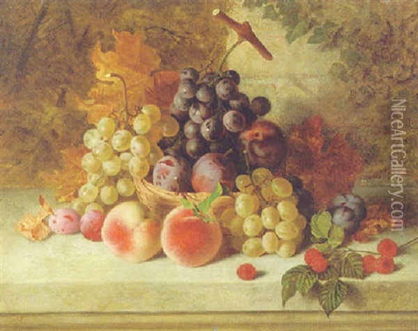 Fruit On A Ledge In A Landscape Oil Painting - Edward Ladell