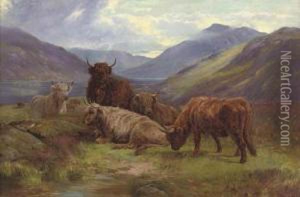 Highland Cattle Resting Beside A Loch Oil Painting - William Watson