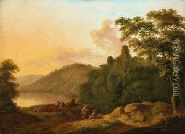 Zwei Bewaldete Landschaften Mit Hirten Und Vieh Oil Painting - Johann Albrecht Friedrich Rauscher