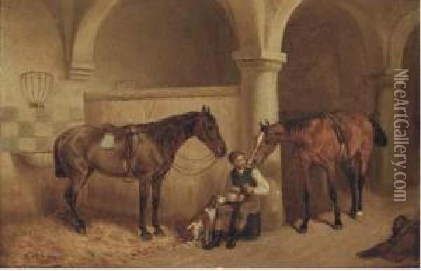 A Huntsman In A Stable Oil Painting - H.F. Lang