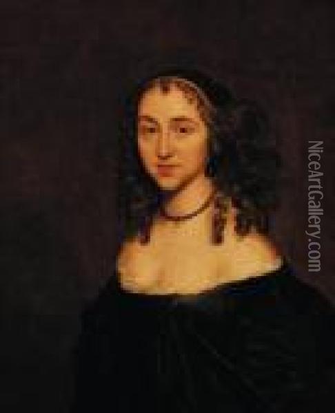 Portrait Of A Young Lady, Half-length, In A Black Dress And A Pearlchoker Oil Painting - Sir Peter Lely