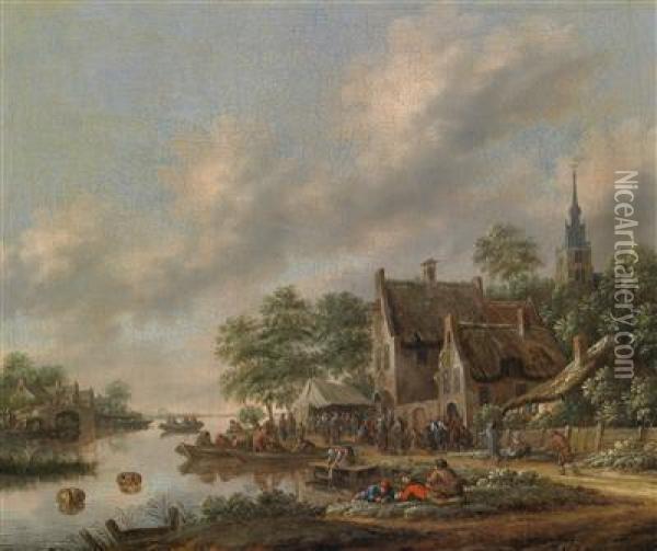 A River Landscape With A Village Fete Near The River Bank Oil Painting - Thomas Heeremans