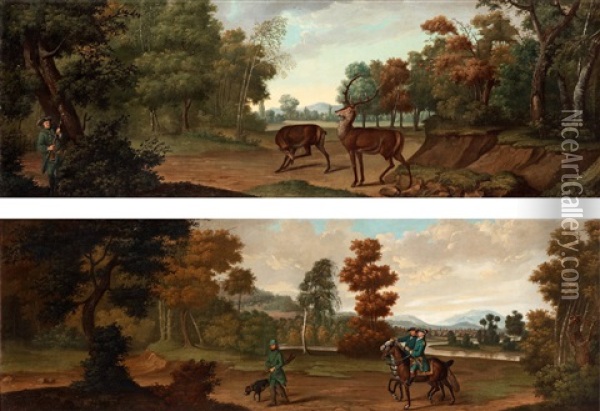 Landskap Med Jagare (pair) Oil Painting - Johann Elias Ridinger