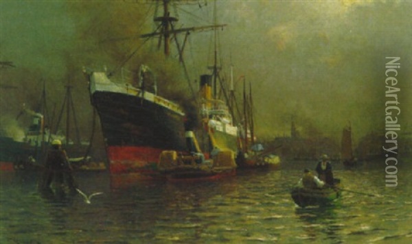 Java-dampfer Im Hafen Von Amsterdam Oil Painting - Friedrich Kallmorgen