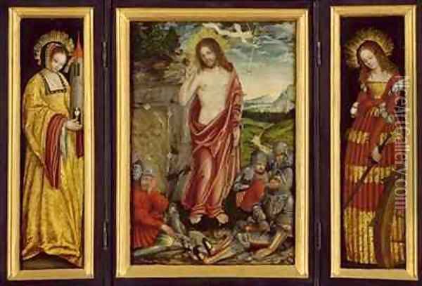 Small winged altar with the Resurrection of Christ St Barbara and St Catharine Oil Painting - Lucas The Elder Cranach