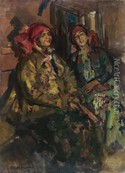 Two Girls In Peasant Costumes Oil Painting - Konstantin Alexeievitch Korovin