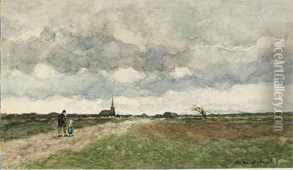 Figures On A Country Road, A Church In The Distance Oil Painting - Jan Hendrik Weissenbruch
