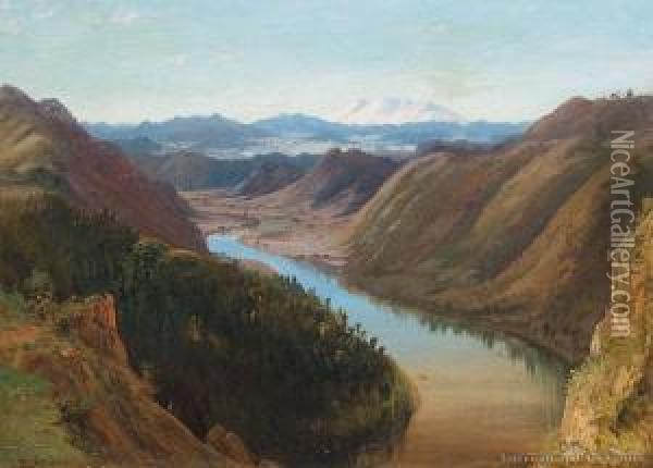 Whanganui River With Ruapehu Beyond Oil Painting - Charles Blomfield