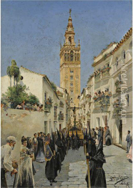 Procesion De Semana Santa En La Callle Mateos Gago, Sevilla Oil Painting - Manuel Garcia y Rodriguez