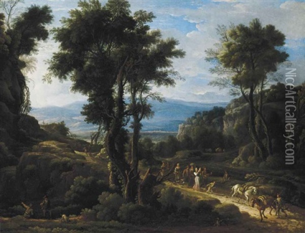 A Wooded Landscape With Travellers On A Track And Peasants Music Making Oil Painting - Jan Frans van Bloemen