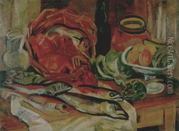 Still Life With Fish And A Bowl Of Fruit Oil Painting - Henri Epstein