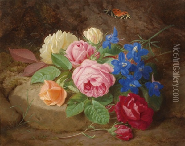 Rosen, Akeleienzweig Und Ein Schmetterling Oil Painting - Josef Lauer