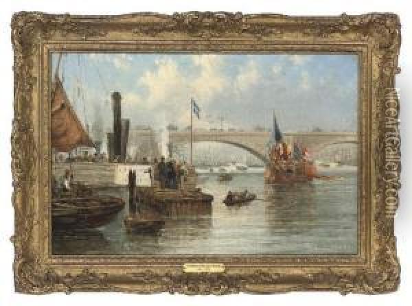 Westminster Bridge With The Houses Of Parliament Beyond; And St Paul's From The Thames Oil Painting - George Hyde Pownall