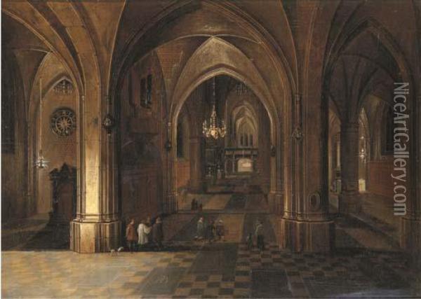 The Interior Of A Gothic Cathedral By Night Oil Painting - Pieter Neefs The Elder, Frans The Younger Francken