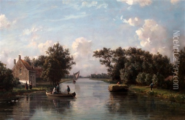 Hollands Landschap Met Boerderij Aan Een Vaart Oil Painting - Johannes Joseph Destree