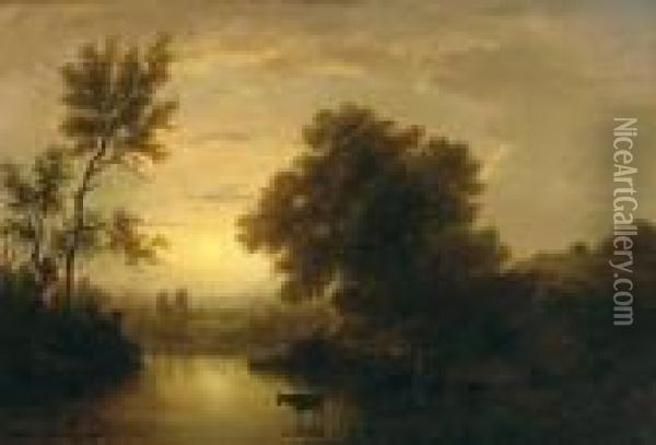Abendliche Seenlandschaft Mit Kuhen An Der Tranke Oil Painting - Victor DeGrailly