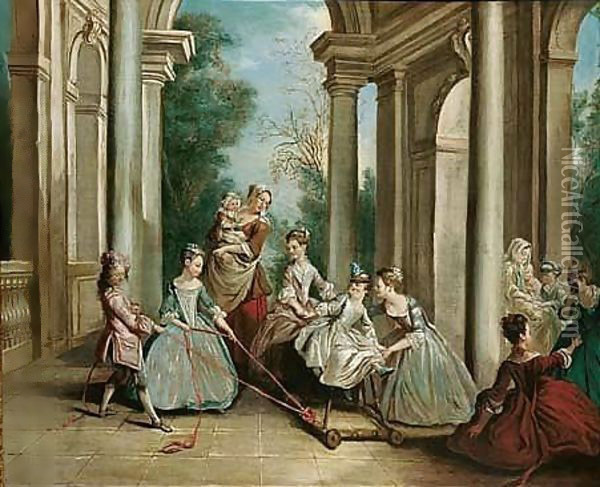 Children with their nurse playing on a hobby-horse on a terrace Oil Painting - Philipe Mercier