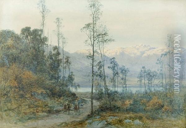 Mounted Figures Before A Lake Landscape, Withmountains In The Distance Oil Painting - Alfred Sinclair