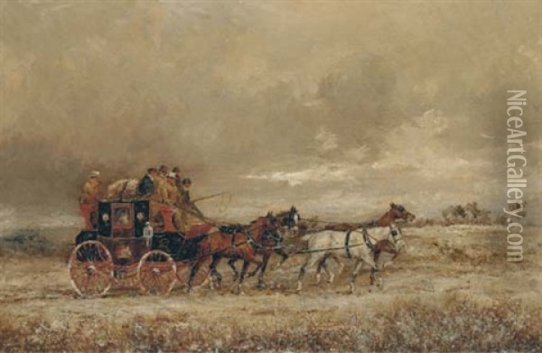 The London To Oxford Mail Coach On A Winter Day Oil Painting - Henry Frederick Lucas Lucas
