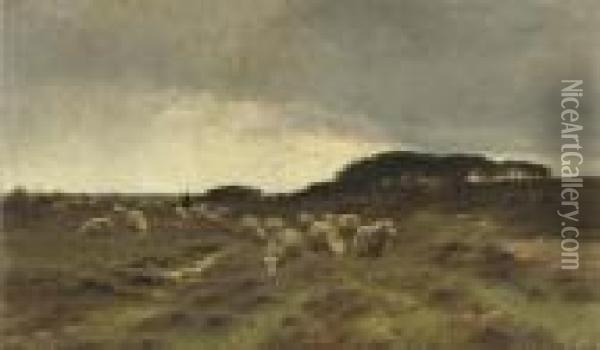 Herding The Sheep On The Heath Oil Painting - Cornelis I Westerbeek