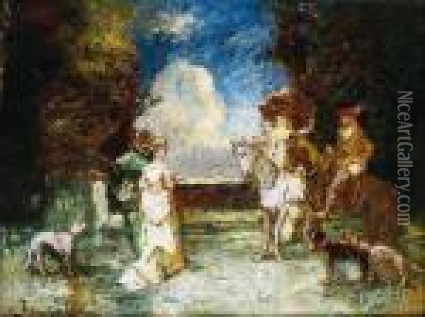 Couple De Cavaliers Et Couple A Pied Conversant Et Accompagnes De Leurs Chiens Oil Painting - Adolphe Joseph Th. Monticelli