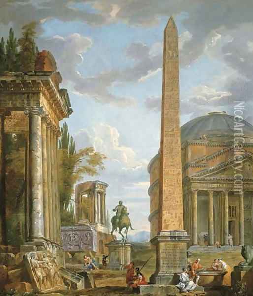 A capriccio with figures gathered around the Obelisk of Augustus, a view of the Pantheon, the Statue of Marcus Aurelius and the Temple of Sybil, Tivol Oil Painting - Giovanni Paolo Panini