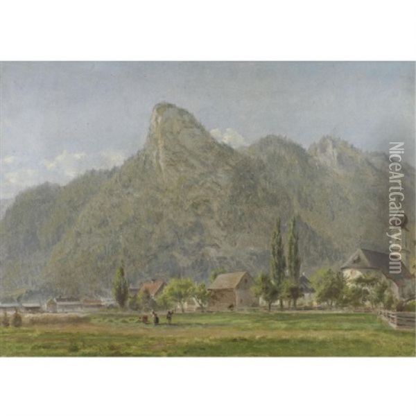 The Koeffel & Church At Oberammergau, Bavarian Alps: A Sketch From Nature Oil Painting - Edward Lamson Henry