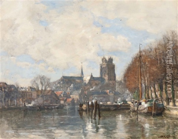 View Of The Grote Kerk Church In Dordrecht, Seen From The Nieuwe Haven Oil Painting - Bernard Marie Koldewey