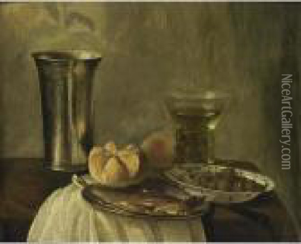A Still Life With A Silver 
Beaker, A Herring On A Pewter Plate, A Bun, A Peach, A Roemer, And 
Olives In A Wan-li Bowl Together With A Knife On A Table With A White 
Tablecloth Oil Painting - Cornelis Cruys