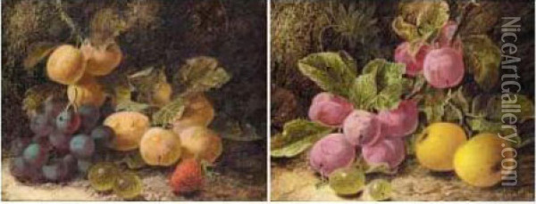 Apples And Plums; Grapes And Plums Oil Painting - Oliver Clare