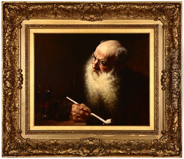Bearded Man Seated With Pipe And Glass Of Red Wine Oil Painting - Andre-Antoine Crochepierre