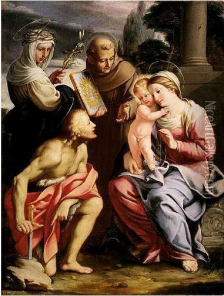 The Madonna And Child With Saints Catherine And Bernardino Of Siena, Together With Saint Galgano Oil Painting - Deifebo Burbarini