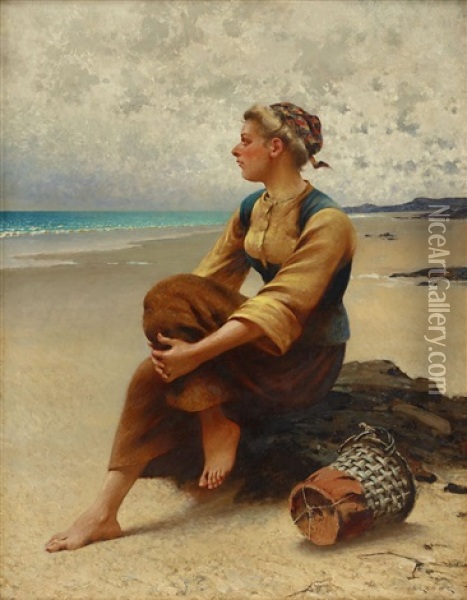 Sittande Musselplockerska Pa Stranden, Bretagne Oil Painting - August Vilhelm Nikolaus Hagborg