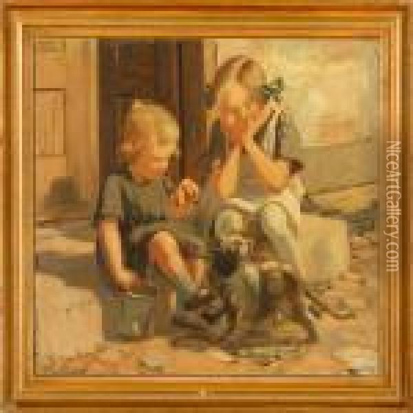 Two Girls Playing On A Doorstep Oil Painting - Luplau Janssen