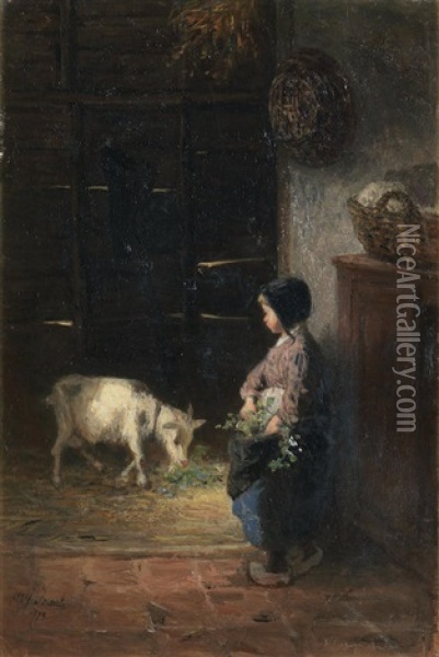 Feeding The Pet Goat Oil Painting - Jozef Israels