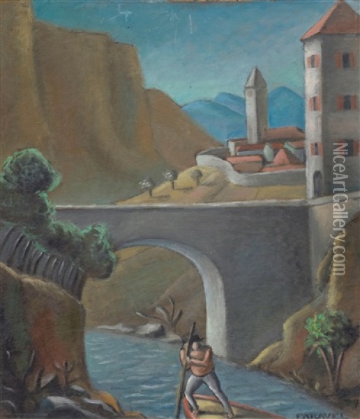 City With Bridge Oil Painting - Gaston Faravel