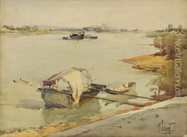 Barques Et Remorqueur Pres D'avignon Oil Painting - Rene Leverd