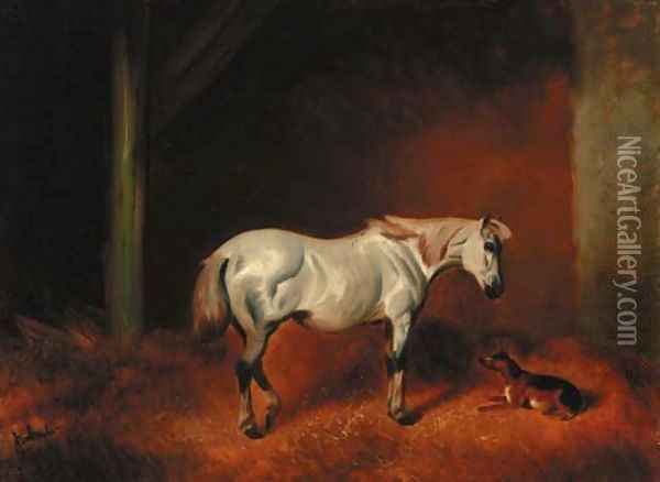 A grey pony with a dog in a stable Oil Painting - John Alfred Wheeler