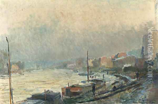 La Seine au Bas-Meudon, en hiver effet de neige et de gele Oil Painting - Albert Lebourg