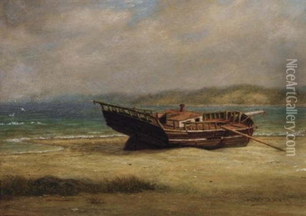 Wreck On Poquot Beach, Port Jefferson Harbor Oil Painting - William Moore Davis