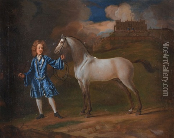 Portrait Of A Gentleman Holding A Grey Horse Oil Painting - John Closterman