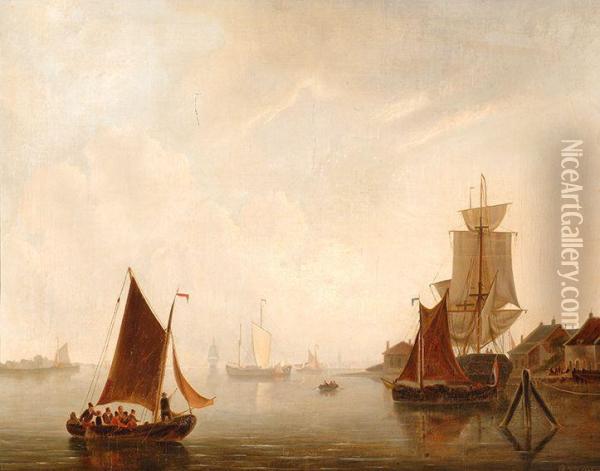 Sailing Ships By A River Mouth Oil Painting - Adrianus De Visser
