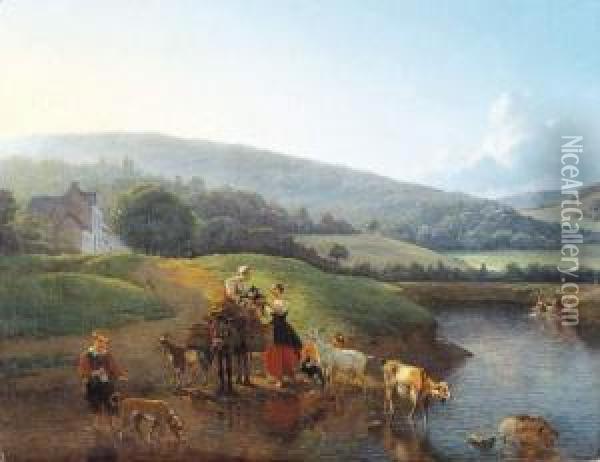 Heuvelachtig Landschap Bij Een Rivier Oil Painting - Andre Plumot