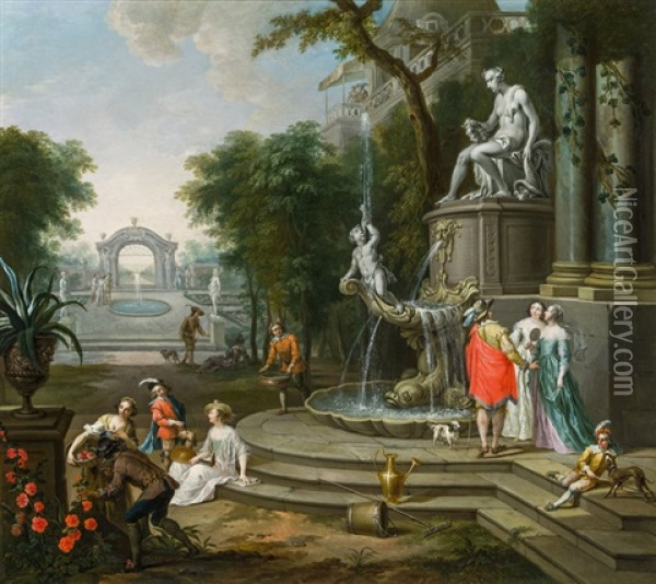 Elegant Scene In A Park With A Palace Architecture Oil Painting - Franz Christoph Janneck