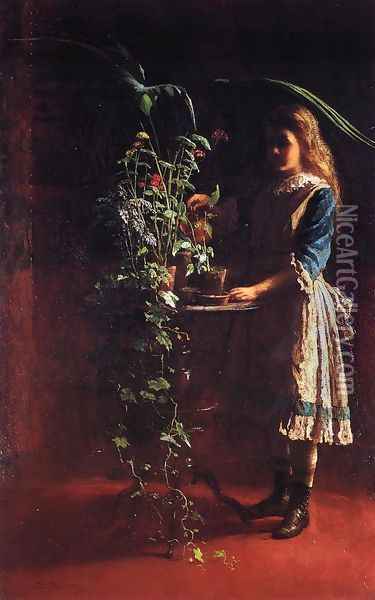 Watering Flowers Oil Painting - Eastman Johnson