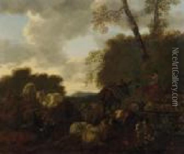 Shepherds And Their Flock By A Well In An Italianate Landscape Oil Painting - Mathias Withoos