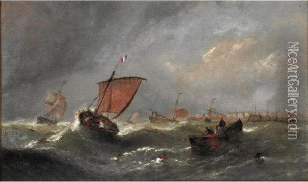 Lug Sail Returning Into Port; Fishing Boats In The Channel Oil Painting - William Calcott Knell