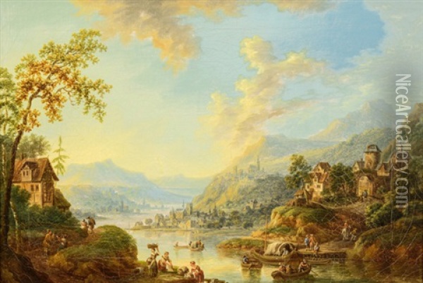 Weite Flusslandschaft Im Abendlicht Oil Painting - Johann Georg Schuez